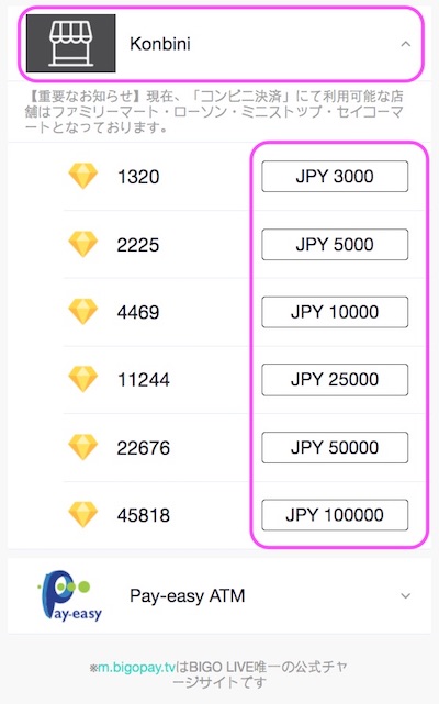 ビゴライブ コンビニ支払い 日本円